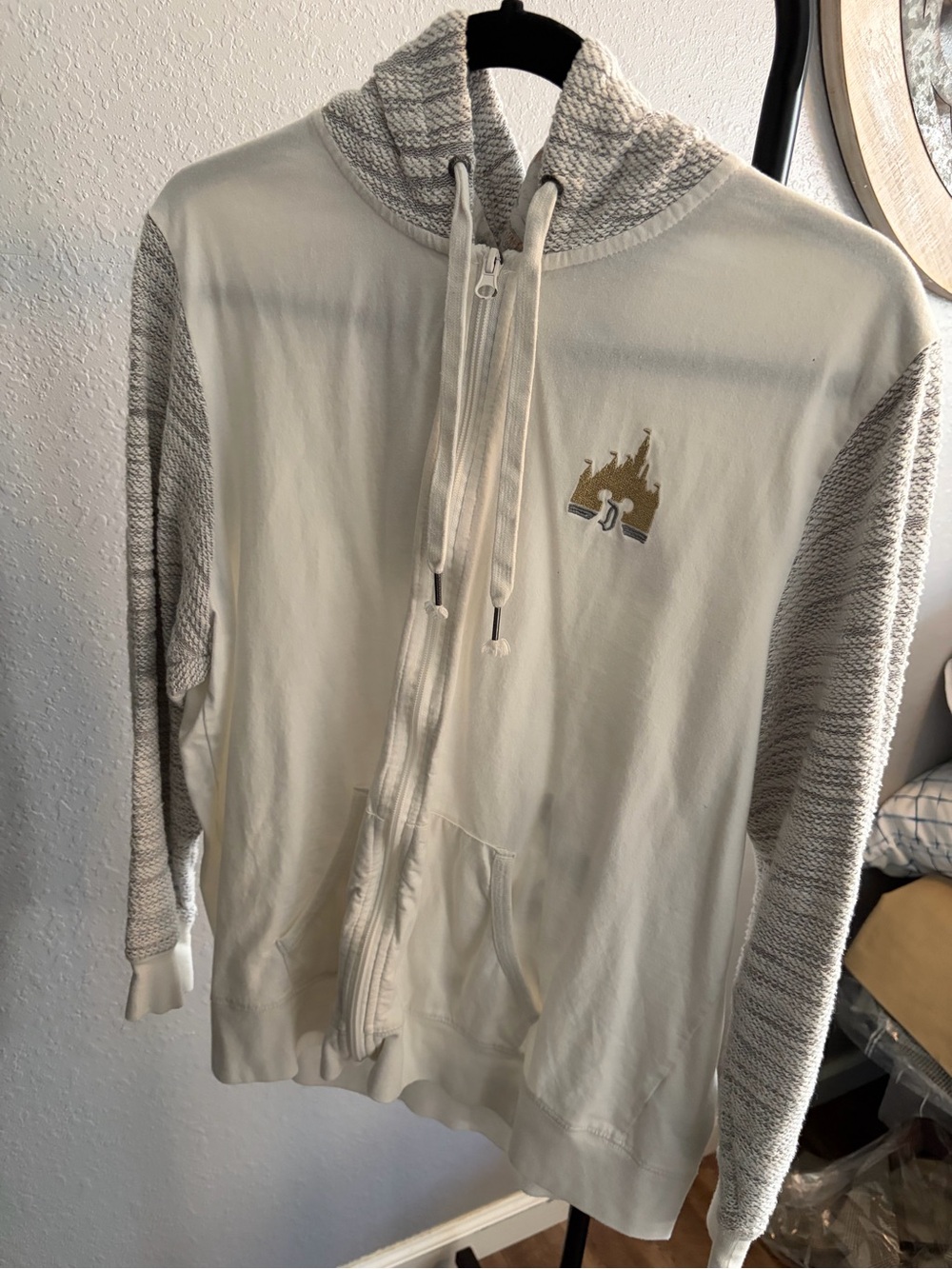 Disney Parks hooded zip up white with Disney castle and Mickey